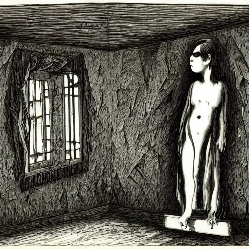 Image similar to found footage of floating mask in abandoned house. b & w grainy. children illustration. art by gustav dore - andy riley