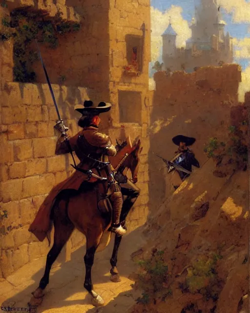 Image similar to attractive musketeer watches an army approach, he is on a castle wall, painting by gaston bussiere, craig mullins, j. c. leyendecker