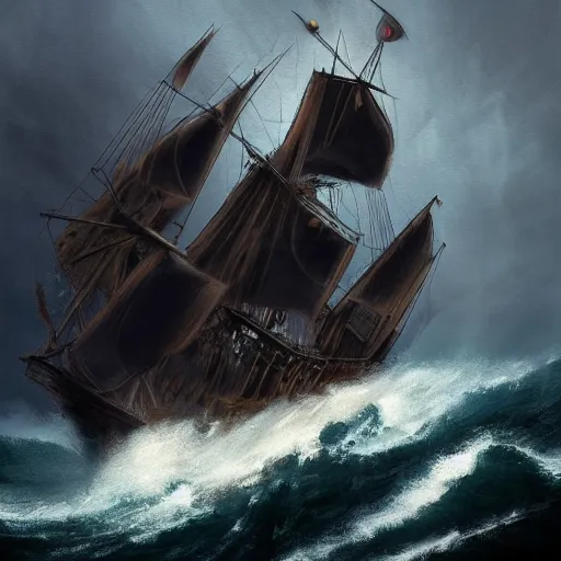 Prompt: the black pearl sailing through a thunderstorm, artstation hall of fame gallery, editors choice, #1 digital painting of all time, most beautiful image ever created, emotionally evocative, greatest art ever made, lifetime achievement magnum opus masterpiece, the most amazing breathtaking image with the deepest message ever painted, a thing of beauty beyond imagination or words