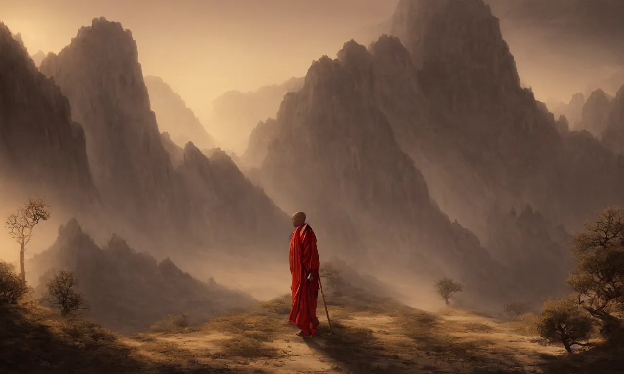 Image similar to one lonely taoist monk walking with a stick and a long red robe blown by the dusty wind through mountainous canyons, a few wretched dry trees hanging, lit by the light of the sunset, glimmer of the horizon in the far distance, a place abandoned by gods, hyperdetailed artstation cgsociety by greg rutkowski and by Gustave Dore