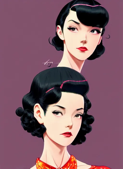 Image similar to a beautiful girl with black hair in 1950's fashion, ballroom background, intricate, highly detailed, digital painting, artstation, official media, anime key visual, concept art, rich vivid colors, ambient lighting, sharp focus, illustration, art by Artgerm, Makoto Shinkai, Ilya Kuvshinov, Lois Van Baarle, and Rossdraws