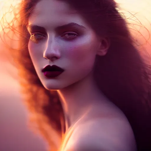 Prompt: photographic portrait of a stunningly beautiful high fashion alluring female in soft dreamy light at sunset, dark lips, contemporary fashion shoot, by edward robert hughes, x annie leibovitz and steve mccurry, david lazar, jimmy nelsson, breathtaking, 8 k resolution, extremely detailed, beautiful, establishing shot, artistic, hyperrealistic, beautiful face, octane render