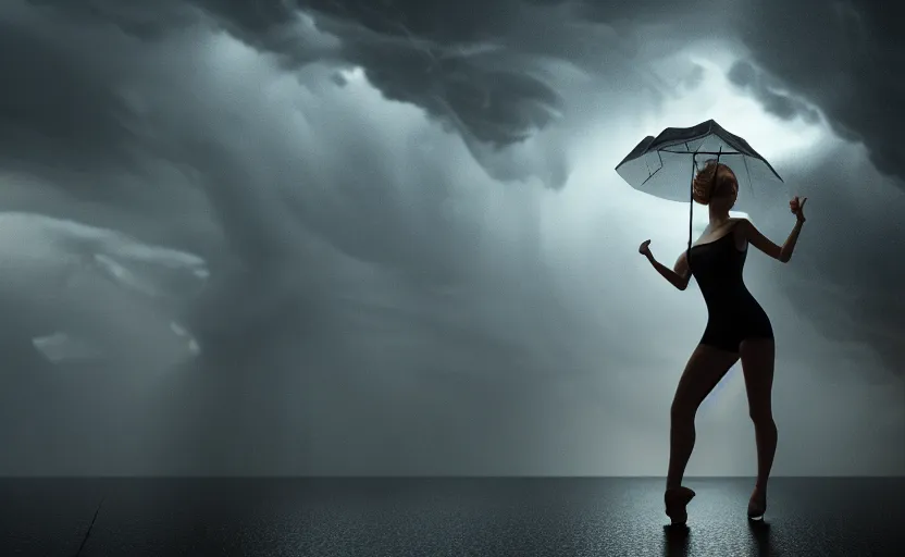 Prompt: a hyperdetailed photorealistic beautiful woman dancing in a thunderstorm, rain, global illumination, volumetric lighting, cinematic framing, cinematic lighting, cinematic shadows, in the style of 2 0 2 2