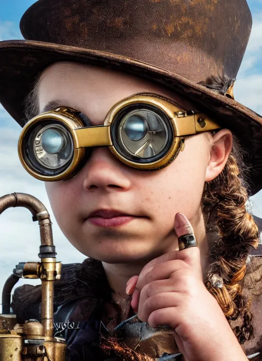 Prompt: closeup portrait of a steampunk greta thunberg wearing a top hat and goggles, depth of field, zeiss lens, detailed, symmetrical, centered, fashion photoshoot, by Annie Leibovitz and Steve McCurry, David Lazar, Jimmy Nelsson, Breathtaking, 8k resolution, extremely detailed, beautiful, establishing shot, artistic, hyperrealistic, beautiful face, octane render