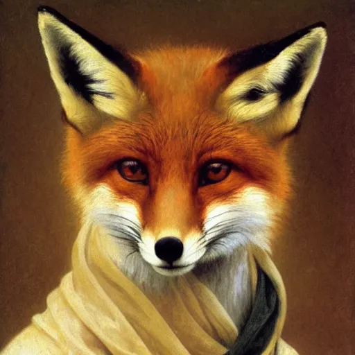 Image similar to A portrait of a fox in a scarf by William-Adolph Bouguereau, fox wearing a scarf