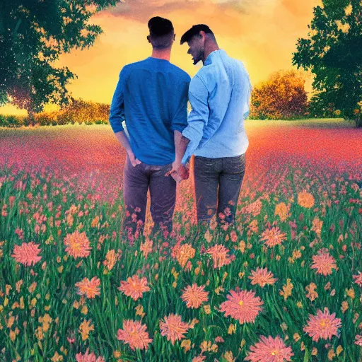 Image similar to a gay couple holding hands in a field of flowers at sunset, realistic, intricate, 4k