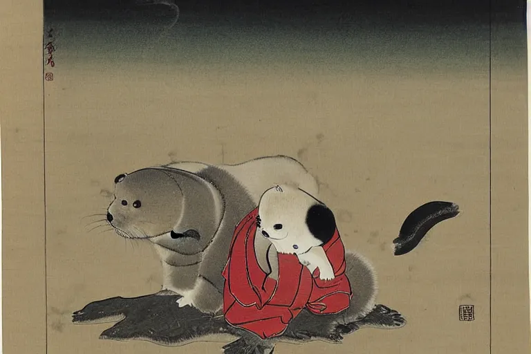 Image similar to baby harp seal as oni, Japanese painting, 1800