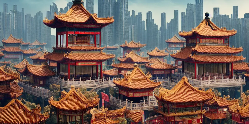 Image similar to a very high resolution image from a new movie, upside - down old chinese pavilion and cyberpunk city, beautiful scenery, photorealistic, photography, directed by wes anderson