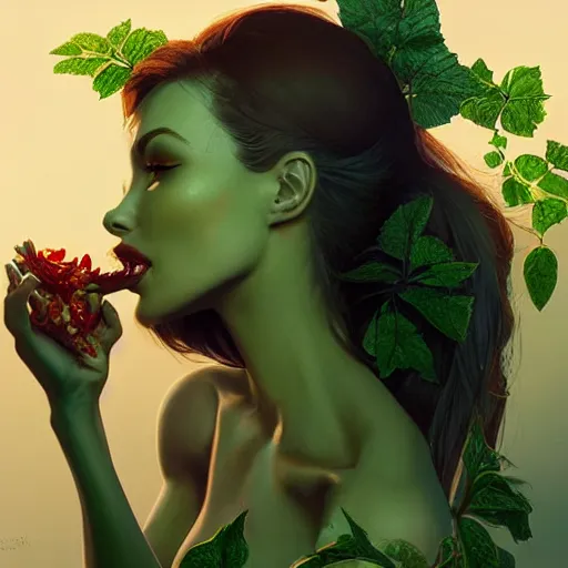 Prompt: profile view close up of a woman's mouth that is about to bite into a banana, summer queen. faerie queen. queen of light, green, poison ivy, made by caravaggio stanley artgerm lau wlop rossdraws artstation cgsociety concept art octane render