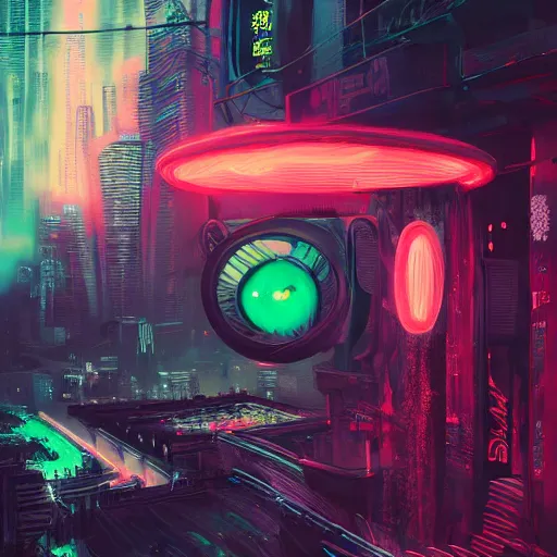 Image similar to a detailed matte painting of a neon cat under a black light with red led eyes, the cat is in a intricately detailed neo neon cyberpunk Japanese city, the angel of death with a halo, colorful background not limited to children, by Ismail Inceoglu , 4K concept art, featured on cgsociety, unreal engine