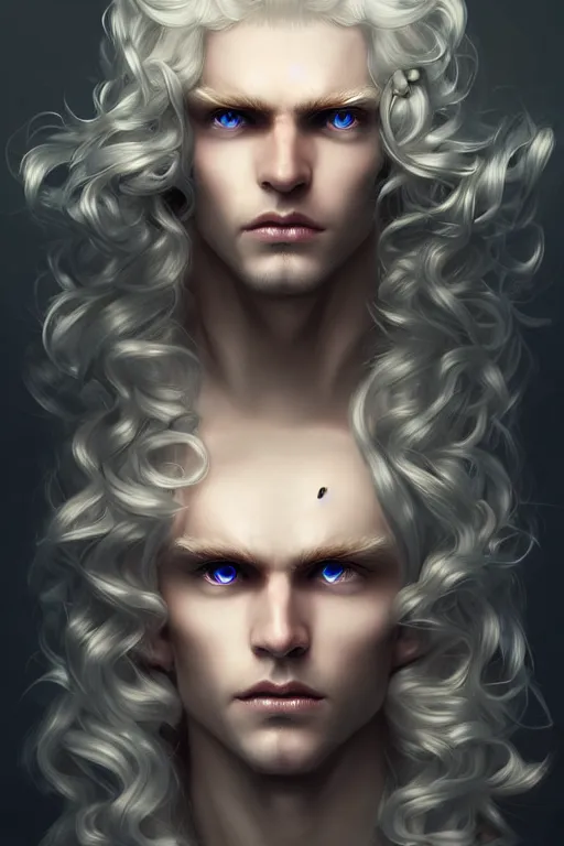 Prompt: digital art of a pale menacing male Cyborg Angel of Battle with fluffy blond curls of hair and piercing opal eyes, third eye forehead pearl, central composition, he commands the fiery power of resonance and wrath, very very long blond curly hair, baroque curls, by WLOP, Artstation, CGsociety