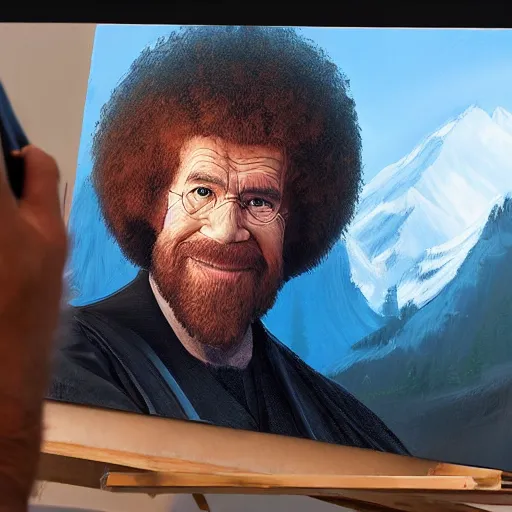 Prompt: a closeup photorealistic photograph of bob ross working on a canvas painting of darth vader. film still. brightly lit scene. mountains and trees. this 4 k hd image is trending on artstation, featured on behance, well - rendered, extra crisp, features intricate detail, epic composition and the style of unreal engine.