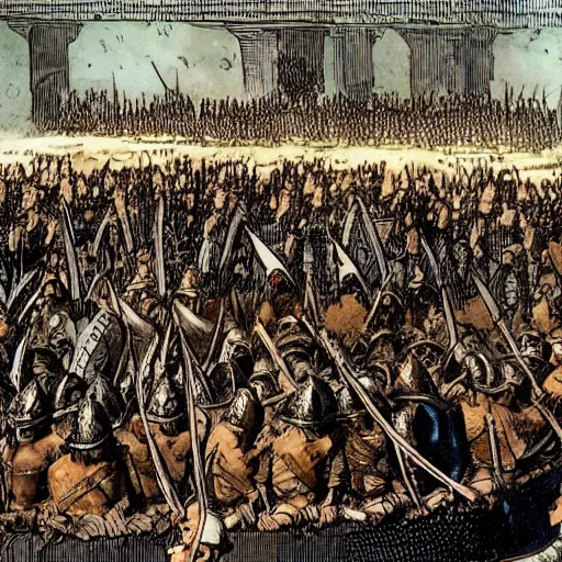 Prompt: enoumous crowd of people, as seen in the battle of helm's deep, but no weapons or armor present, everyone is laughing and pointing at donald trump standing on a podium. style of political cartoon.