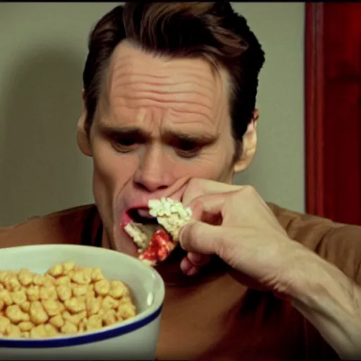 Prompt: a cinematic shot of Jim Carrey eating from a bowl of cereal, film grain, 8k