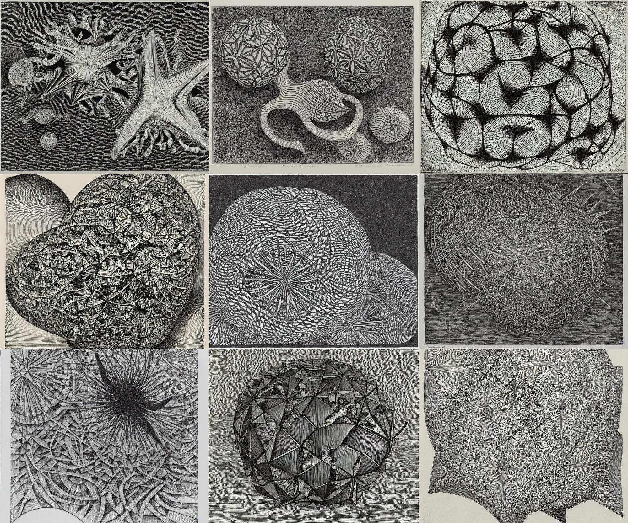Prompt: an echinoderm, drawn by m. c. escher and damien hirst and james tissot. woodblock, monochrome, 3 d, geometric, lithograph, hd