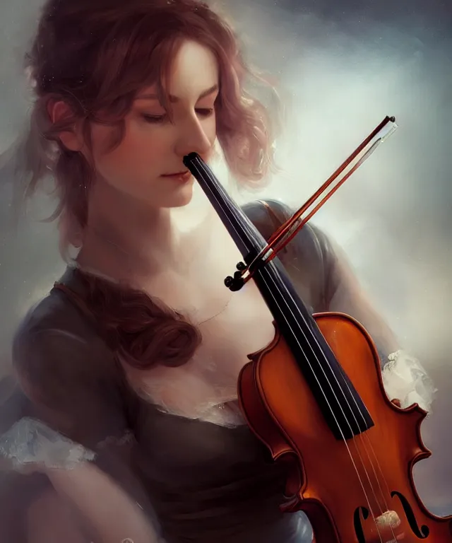 Prompt: bard playing violin by charlie bowater and titian and artgerm, full body portrait, intricate, face, elegant, beautiful, highly detailed, dramatic lighting, sharp focus, trending on artstation, artstationhd, artstationhq, unreal engine, 4 k, 8 k