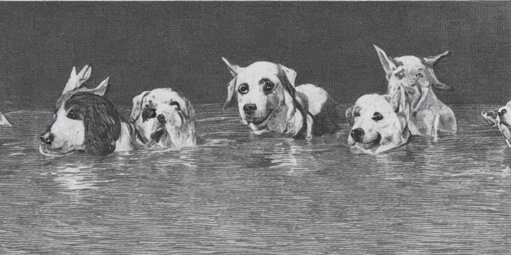 Prompt: a flat illustration of dogs swimming in a wide pool, vaudevillian, from 1890, detailed, vignette, high quality scan, yellowish, greenish