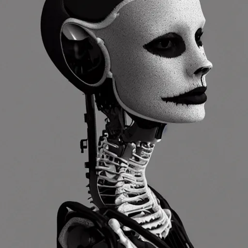 Image similar to black and white dreamy foggy smoky profile face portrait, single skeletal biomechanical beautiful young female cyclops - cyborg - robot bust, body ribs meshes,, volumetric light, rim light, by dora maar and cecile beaton, big gothic fashion pearl embroidered collar, 8 k