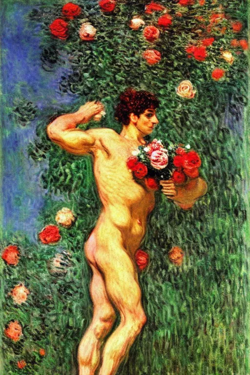 Image similar to the greek god hermes marched forward among the roses, monet, musha