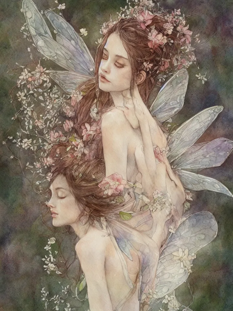 Image similar to study of a flower fairy, illustration, watercolor, alan lee, detailed, pretty, ethereal, realistic, artstation,