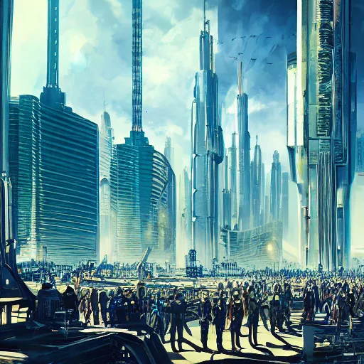 Prompt: detailed intricate epic atmospheric illustration hyper detailed, millions of robot android workers standing in a crowd surrounding a gleaming steel and glass tower impossibly tall reflecting the bright sun, in a future city