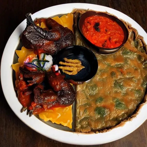 Image similar to an lavish alien buffet with the following dishes : gul dukat torte, barbecued machine elf, buffalo angel's wings, mesculine coral, nutrino goulash, and tesseract pot pie