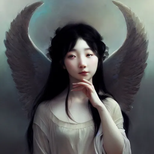 Image similar to Beautiful pale angelic goth korean girl with angel wings, masterpiece 4k digital illustration by Ruan Jia and Mandy Jurgens and Artgerm and william-adolphe bouguereau, highly detailed, trending on artstation, award winning,