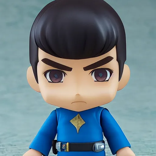 Image similar to spock from the tv series star trek as an anime nendoroid, serious look, pointed ears, spock haircut, detailed product photo