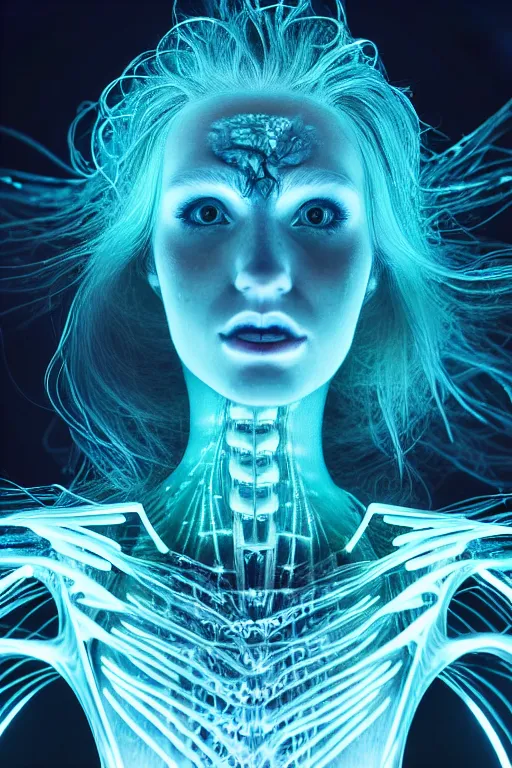 Image similar to bioluminescent long exposure light painting of a beauteous biomechanical practical sumptuous full frame photo realistic face, lifelike incredible hair, crystalline masterpiece incrustations, hyperdetailed face, elegant pose, movie still, intricate, octane render, cinematic forest lighting,