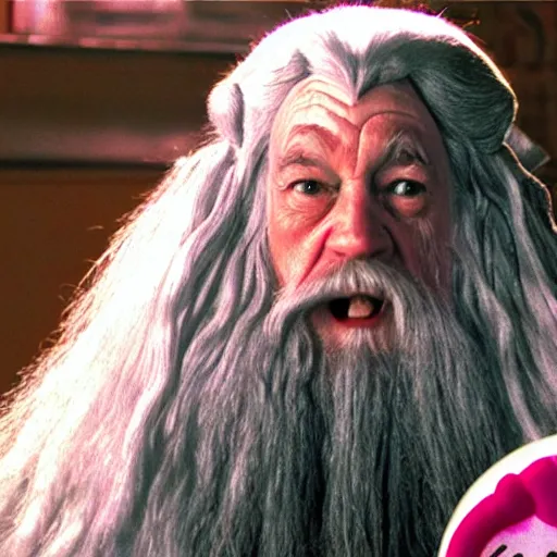 Image similar to portrait of laughing Gandalf dressed up as hello kitty, movie still from Lord of the Rings