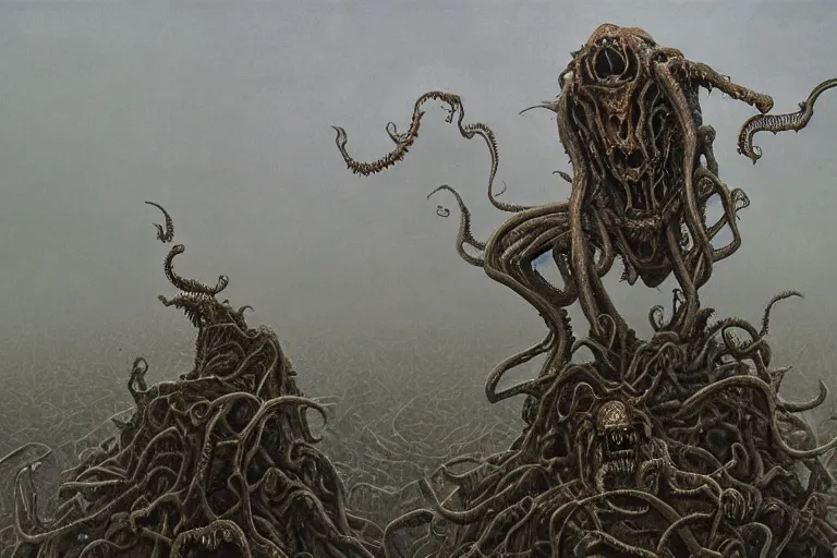 Prompt: Haunting horrifying hyperrealistic detailed painting of a demonic Lovecraftian creature sitting atop a giant pile of soulless husk humans in a foggy hellscape, dystopian feel, heavy metal, disgusting, creepy, unsettling, in the style of Michael Whelan and Zdzisław Beksiński, lovecraftian, hyper detailed, trending on Artstation
