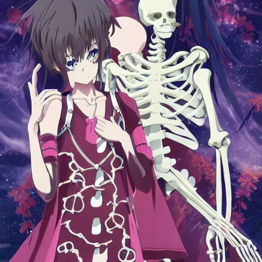 Image similar to anime key visual for a female necromancer and her skeleton friend, from a slice of life anime. tv anime series, kyoto animation, by phil noto ( 2 0 2 2 )