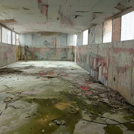 Prompt: abandoned indoor children's water park, nostalgic, unsettling, familiar