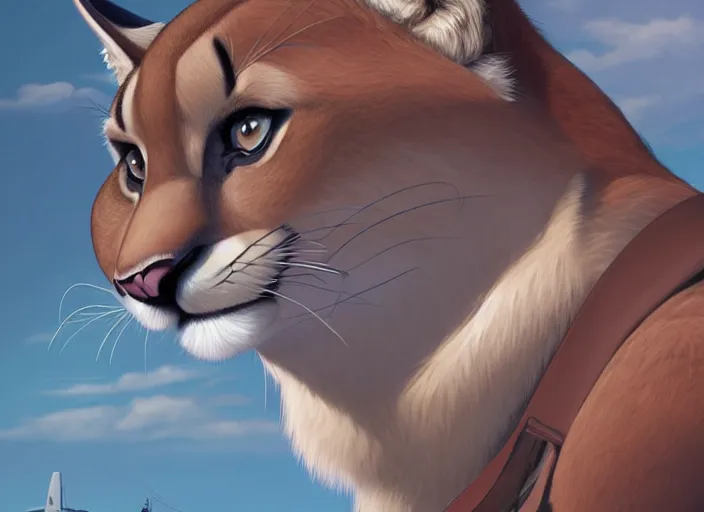 Prompt: character portrait feature of the anthro female anthropomorphic puma bobcat mountain lion fursona wearing airline pilot outfit uniform professional pilot for delta airlines character design stylized by charlie bowater, ross tran, artgerm, and makoto shinkai, detailed, soft lighting, rendered in octane, peru in background