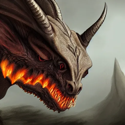 Image similar to a matte painting of a dragon, Piercing amber eyes sit low within the creature's narrow, horned skull, which gives the creature a vicious looking appearance. One enormous central horn sit atop its head, just above its enormous, curved ears. Small fan-like skin and bone structures runs down the sides of each of its jaw lines. Its nose is pointy and has two short, curved nostrils and there are small crystal growths on its chin. Several rows of large teeth poke out from the side of its mouth and give a preview of the terror hiding inside.