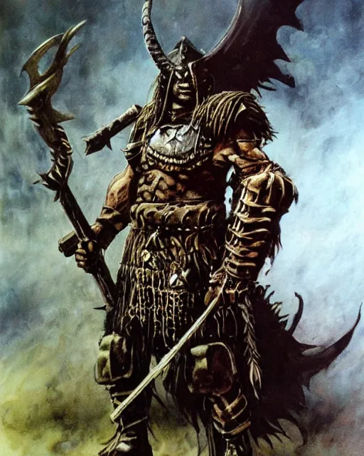 Image similar to full body of a shaman goth soldier wearing armor by simon bisley, john blance, frank frazetta, fantasy, barbarian