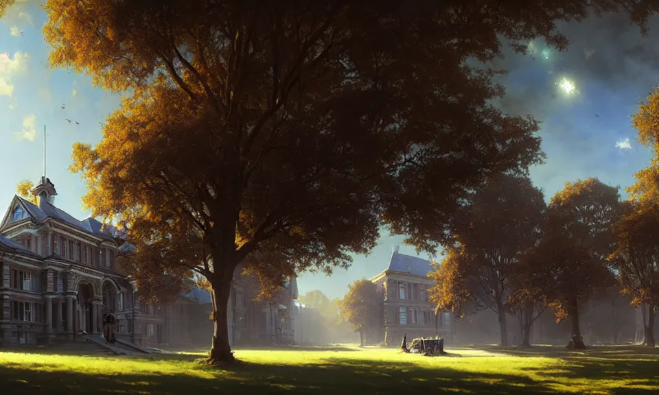 Prompt: a large victorian college building surrounded by houses and trees, blue sky, higjly detailed, sunny, volumetric, cinematic lighting, realistic, digital art by greg rutkowski