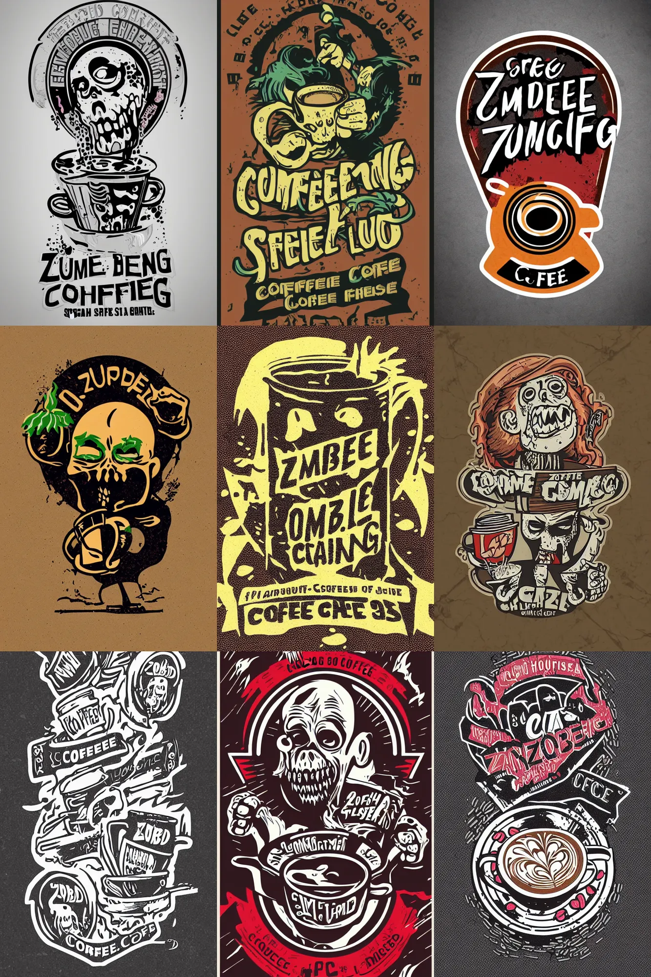 Prompt: logo design, zombie chasing coffee, patch logo, by mcbess, full colour print, gradients, 1 9 5 0 s, high detail spiral design