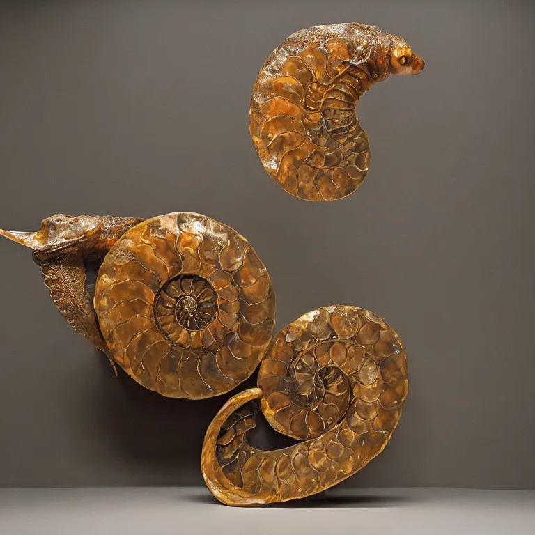 Prompt: hyperrealistic sculpture of a bronze fossilized stingray ammonite atop a gridded red metallic block pedestal by ron mueck and duane hanson and lee bontecou, hyperrealistic dramatic colored lighting trending on artstation 8 k