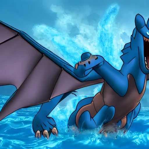 Prompt: a blue Charizard with water powers,realistic,ocean background