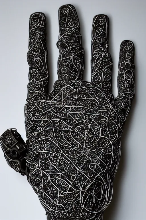 Image similar to cybernetic robotic hand made of engraved ceramic, wires and circuitry, engraved in sanskrit writing