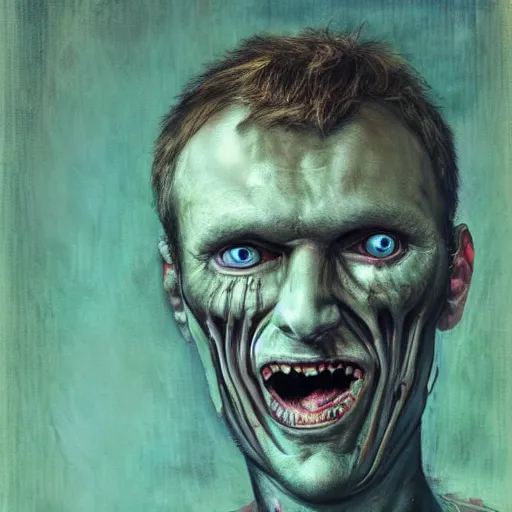 Prompt: Bodyhorror portrait by H.R.Giger of Alexei Navalny who became a degenerate horror Abomination, photo-realistic, color image, 2K, highly detailed