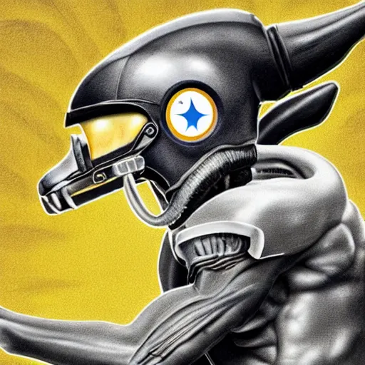 Image similar to portrait of a xenomorph from 'Alien' wearing a Pittsburgh Steelers football helmet