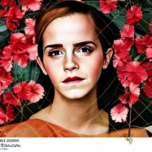 Image similar to emma watson mason plank flower vanish cloud shoulder mountain evening leaf overplayed portrait cliche basement, collage artwork