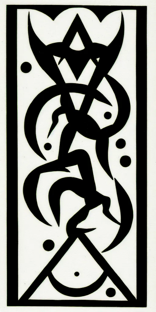 Prompt: geometric the devil tarot card by karl gerstner, minimal, black and white monochrome, bordered, centered, in frame, 8 k scan
