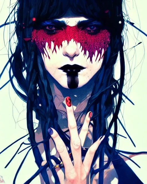 Prompt: close up, captivating, memorable, a ultradetailed beautiful photo of a unique woman wearing a hippy goth outfit standing too too too close, staring at you by conrad roset, greg rutkowski and makoto shinkai trending on artstation