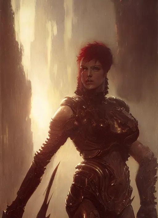 Image similar to red short haired muscular woman wearing flat black armour, detailed by gaston bussiere, bayard wu, greg rutkowski, giger, maxim verehin, greg rutkowski, masterpiece, sharp focus, cinematic lightning