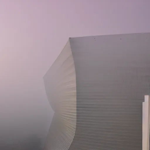 Prompt: parametric architecture, museum, concrete, facede fabric and mesh in faded pink, morning fog, tokyo in the background