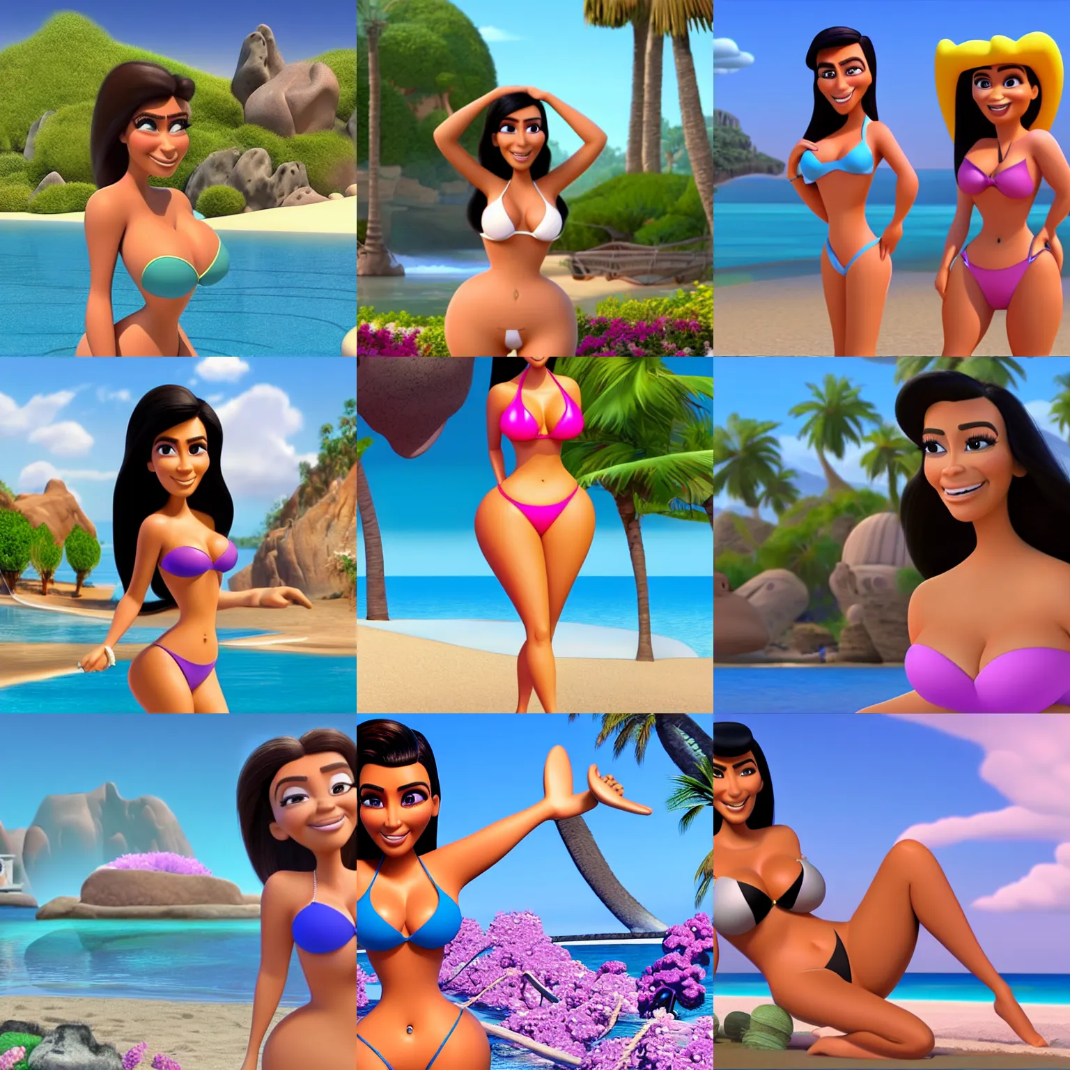 Prompt: kim kardashian in bikini in pixar style,, 3 d, 4 k, walt disney animation studios, cgi