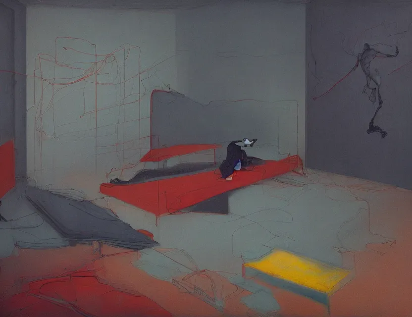 Prompt: beds of shadows, people trapped in the void of empty rooms, style of James Jean, Edward Hopper, of Todd Hido, Peter Mohrbacher, eerie vibrating color palette of Mark Rothko, Frank Auerbach, Greg Rutkowski, Peter Doig, color palette of Peter Doig paintings